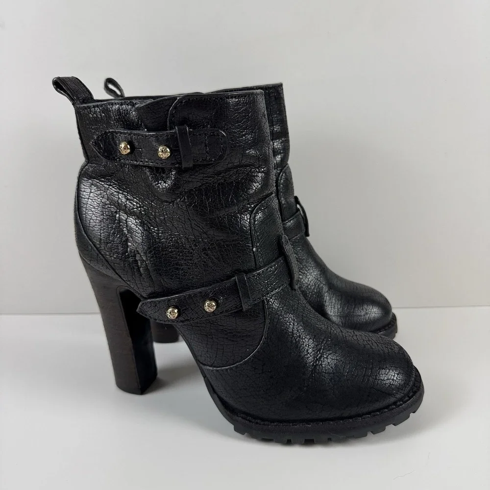 Tory Burch Landers Bootie Black Leather Studded Ankle Boots Chunky Heel Size 10